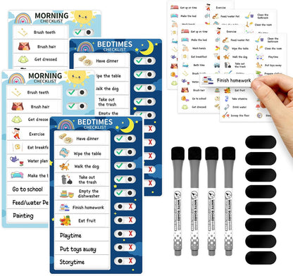 Chore Chart for Kids: Dry Erase Visual Schedule, Magnetic Bedtime/Morning Routine Chart - Toddler Chore Board, Checklist, To Do List for Kids (2 morning checklists, 2 bedtime checklists)