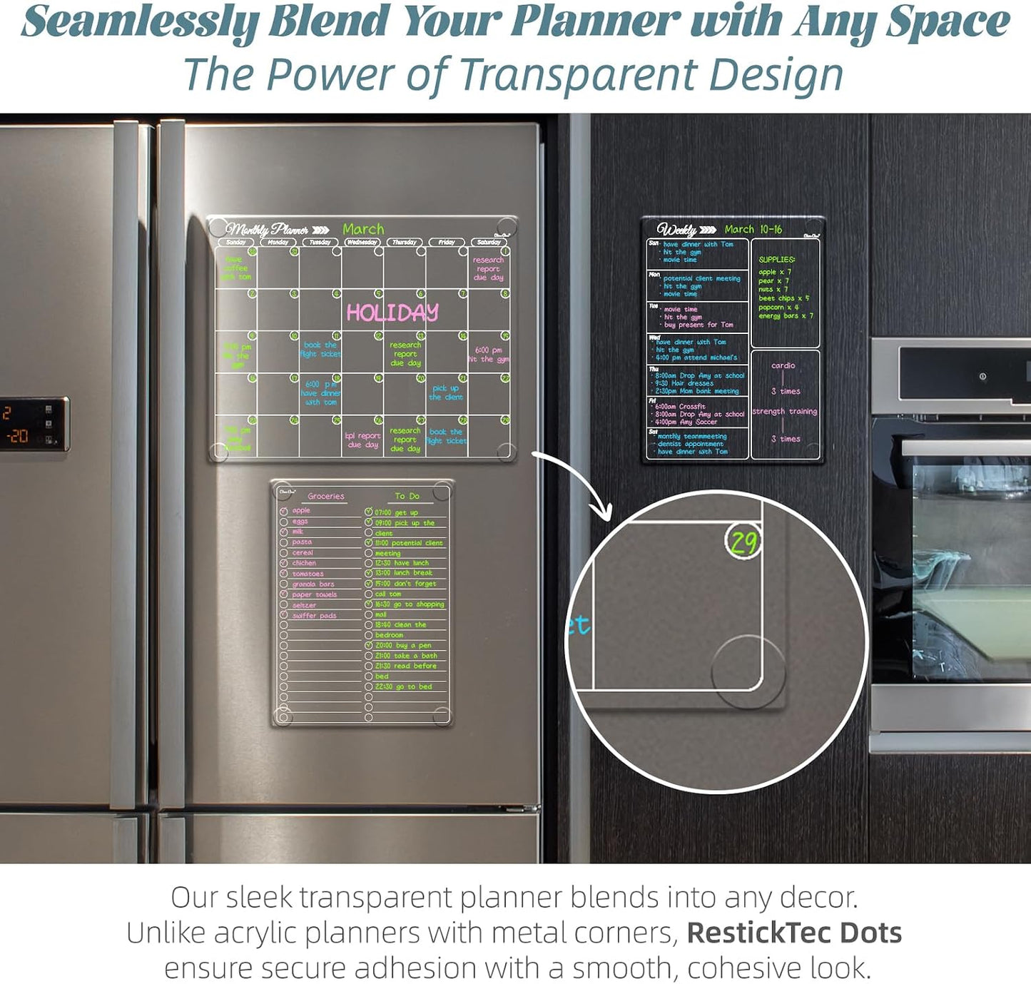 Clear Non-Magnetic Calendar Set for Fridge - Dry Erase Transparent Monthly and Weekly Calendar, List and Blank Whiteboard - Sticks to Wall, Glass, Door, Any Smooth Surfaces