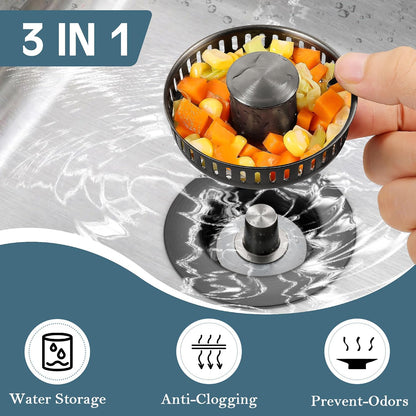 TGOSOMT Kitchen Sink Drain Strainer Stopper, Anti-Clog & Quick Drain | 3-IN-1 Design, Stainless Steel 304, Removable Strainer Basket, Corrosion & Scratch Resistant, Fits US Standard 3-1/2" Drain