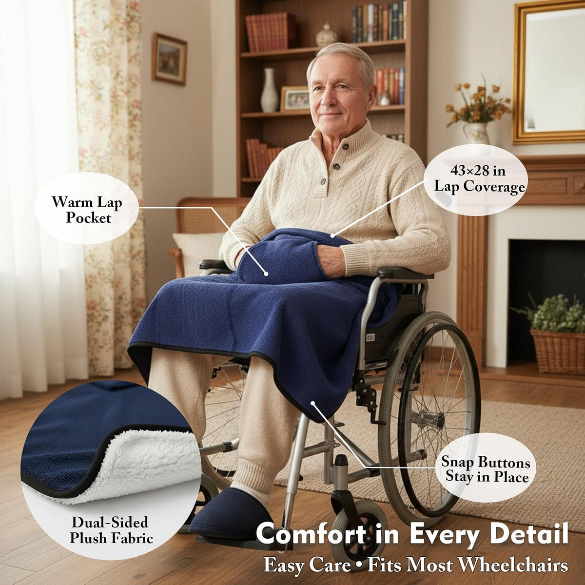 Wheelchair Lap Blanket for Seniors, 43" * 28" Soft Sherpa Lined Knee & Lap Cover, Warm Lightweight Throw with Snap Buttons, Cozy Comfort for Elderly & Caregivers, Wine Red