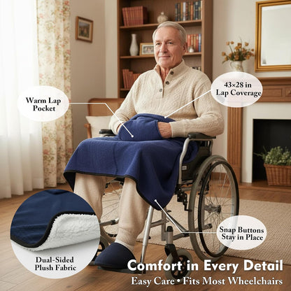 Wheelchair Lap Blanket for Seniors, 43" * 28" Soft Sherpa Lined Knee & Lap Cover, Warm Lightweight Throw with Snap Buttons, Cozy Comfort for Elderly & Caregivers, Wine Red