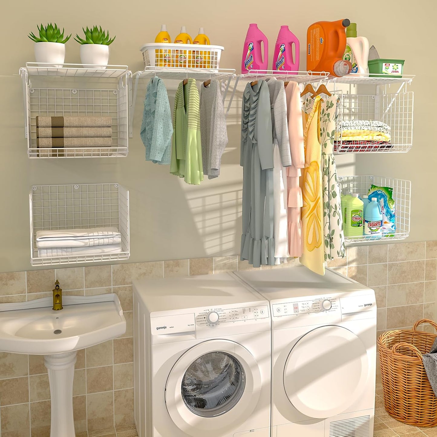 3IngSeagulls 2 Pack Laundry Room Shelves, Wire Baskets with 8 Hooks, Over Washer and Dryer Shelf, Wall Mounted Storage and Clothes Drying Rack, Black