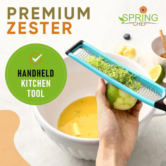 Spring Chef Stainless Steel Lemon Zester - Garlic & Ginger Grater - Gray | Premium Zester with Blade Cover, Cheese Grater with Handle for Parmesan, Nutmeg, Lime - Durable Citrus Zester, Fine Shred