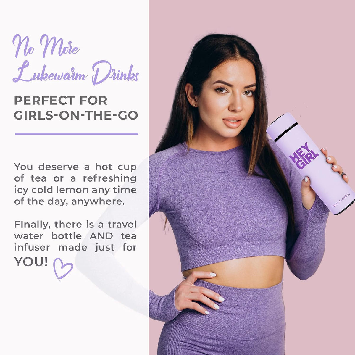 Hey Girl Tea Infuser Bottle 450ml - Insulated Stainless Steel Water Bottle - Tea Tumbler with Tea Diffuser - Portable Travel Mug for Loose Leaf Tea & Infused Water - Tea Lovers Gifts for Women (Pink)