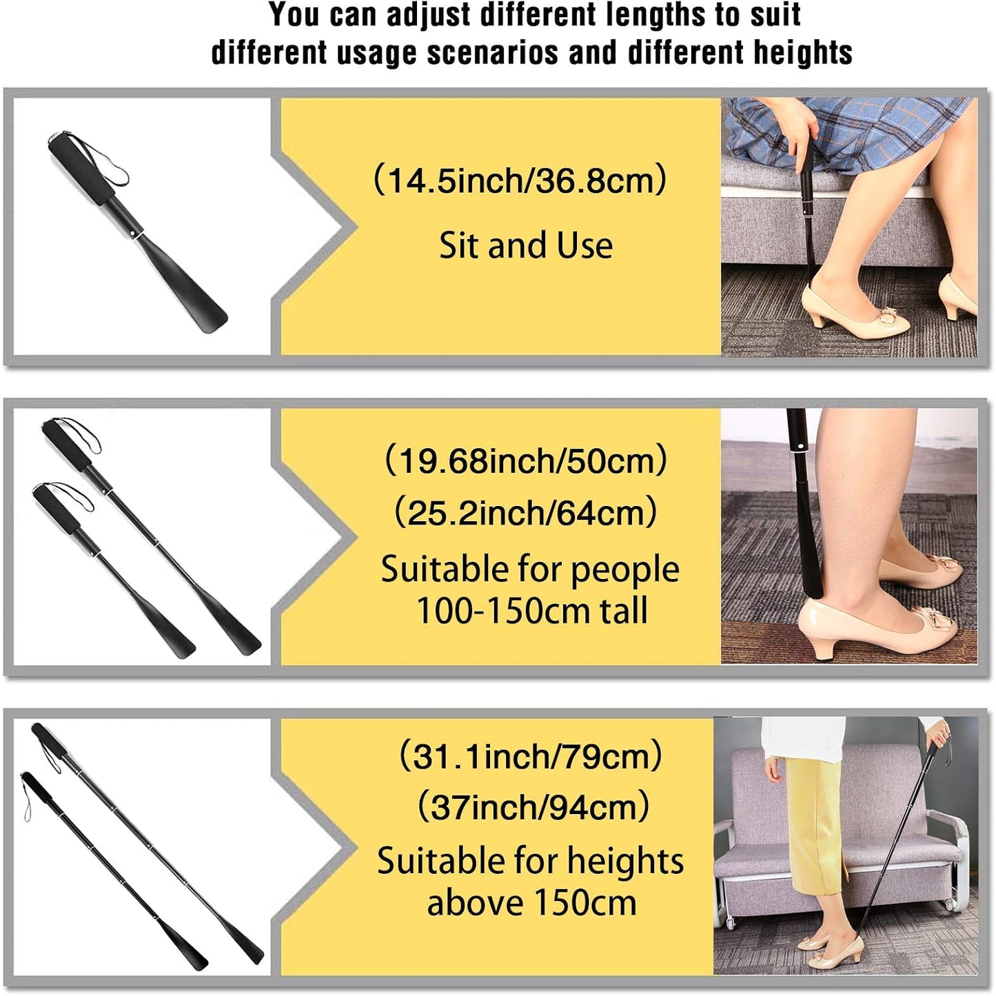 JJDPARTS Shoe Horn Long Handle,14.5"-37" Retractable Shoe Horn,Aluminum Shoe Horn For Men Women Kids Seniors