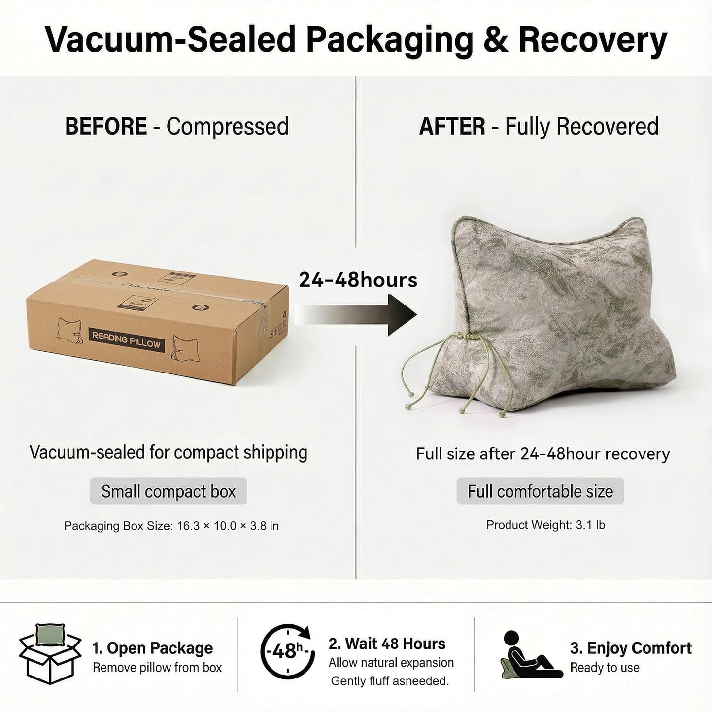 Pat. Pend. Lumbar Support Pillow, Reading Pillow, Moss Green | Back pillow for reading on a couch, sofa, or armchair; triangle cushion with removable, washable cover for lounging
