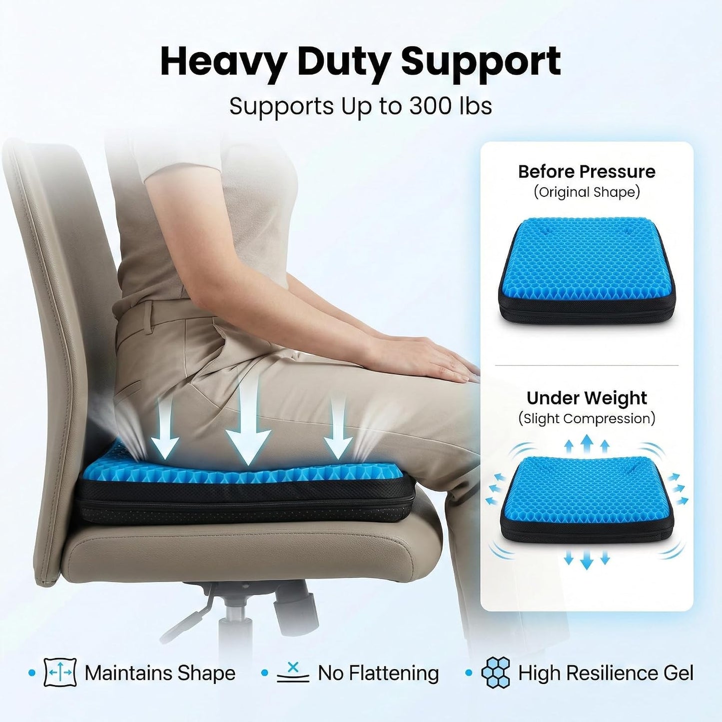 Extra Thick Large Pure Gel Seat Cushion for Long Sitting, Breathable Comfort Cushion for Back, Sciatica, Tailbone & Hip Pain Relief, Washable Portable Cushion for Office Chair, Car, Wheelchair