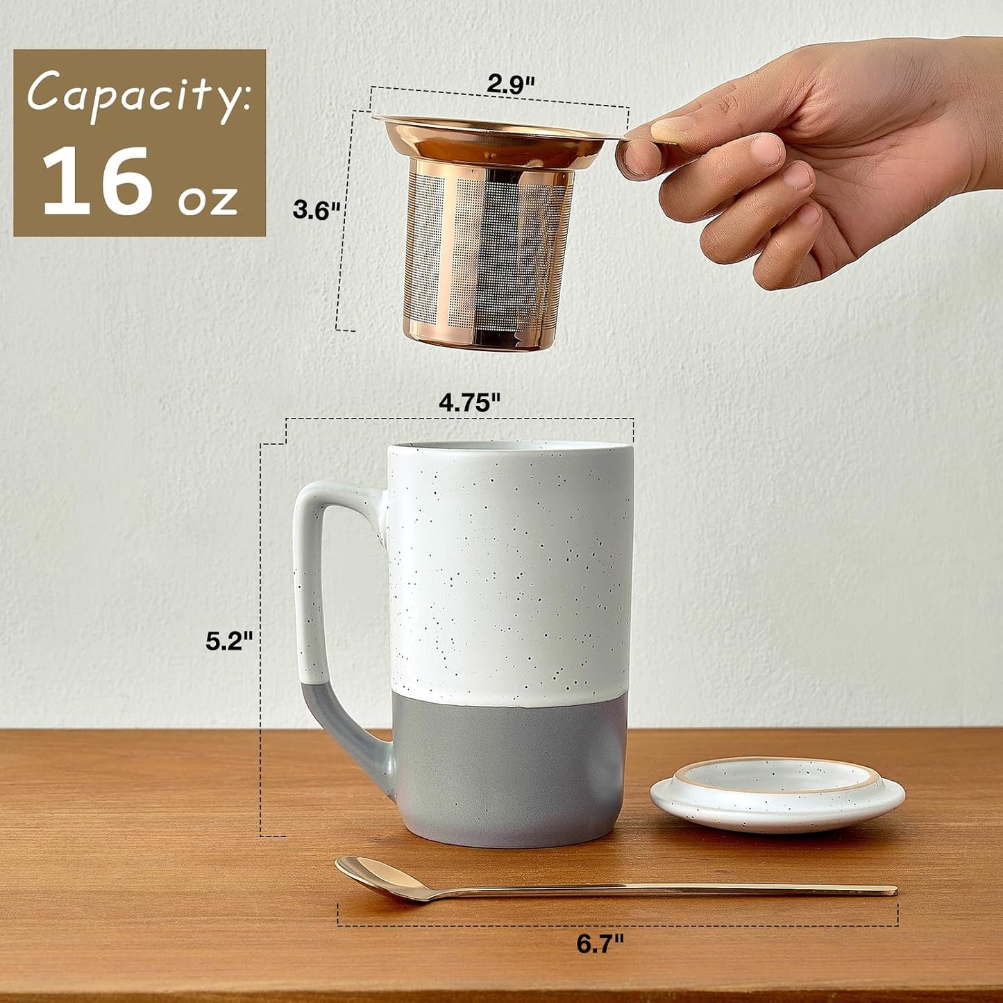 Gencywe Ceramics Large Tea Cup with Loose Leaf Infuser, Spoon and Lid, 16 oz Tall Coffee Mug, Microwave and Dishwasher Safe, Rustic Matte Ceramic Glaze, Tea Strainer, Amber