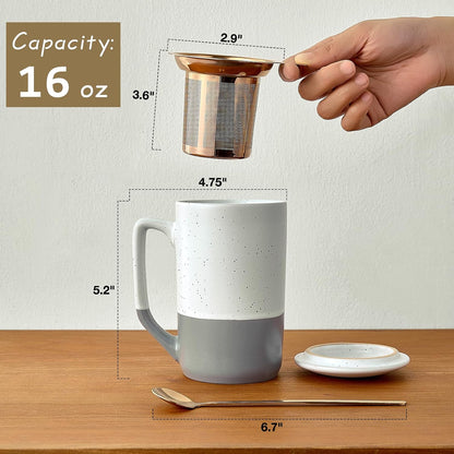 Gencywe Ceramics Large Tea Cup with Loose Leaf Infuser, Spoon and Lid, 16 oz Tall Coffee Mug, Microwave and Dishwasher Safe, Rustic Matte Ceramic Glaze, Tea Strainer, Amber