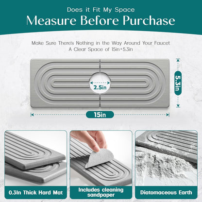 Stone Faucet Mat for Kitchen Sink – Diatomite Drying Stone Mat & Sink Protector, Prevents Moisture – Sink Splash Guard Water-Absorbing Stone Tray for Bathroom Counter (Light Grey, 20" x 3.9")