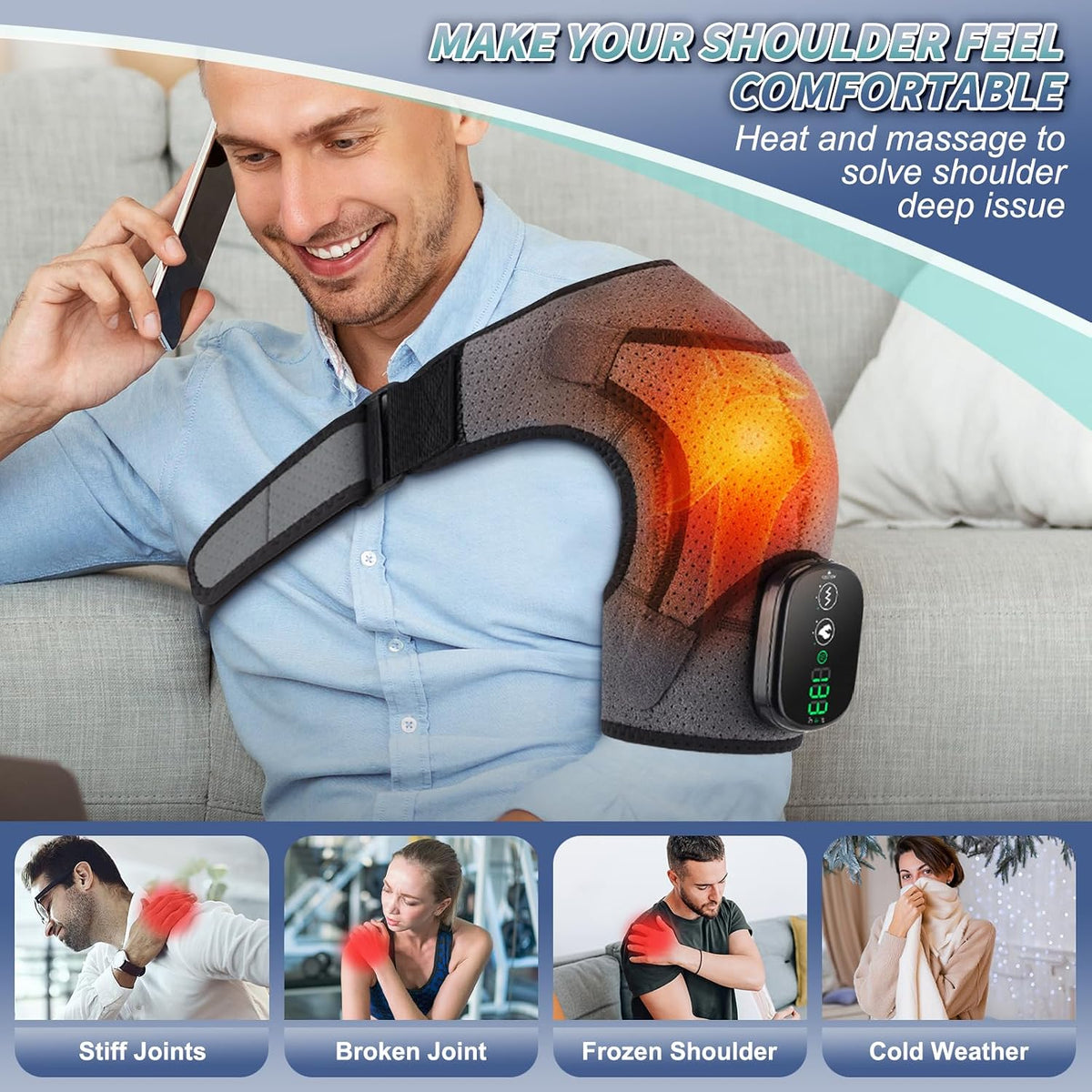 Cordless Shoulder Massager with Heat and Vibration, 3 Heat & 3 Vibration