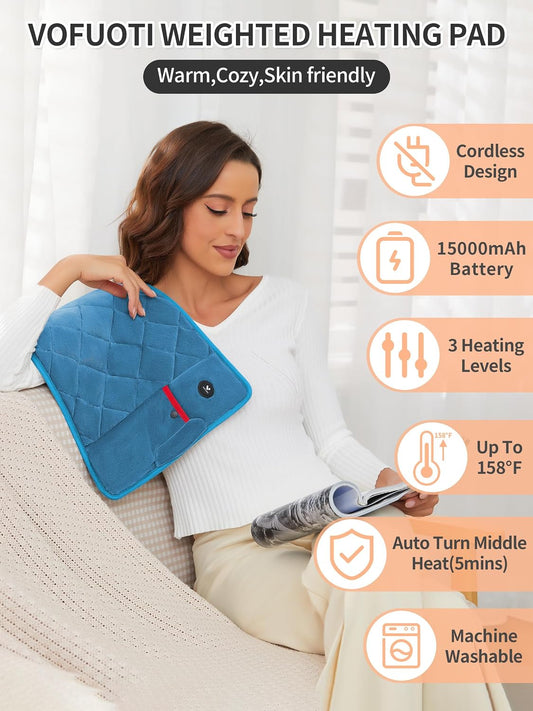 Vofuoti Portable Heating Pad, Cordless Weighted Heating Pads with Battery and 3 Heat Settings, Electric Heated Pad for for Back, Abdomen, Neck & Shoulder, Women Men, 12" x 24" | with 15000mAh Battery and 3 Heat Settings, Electric Heated Pad for Back,