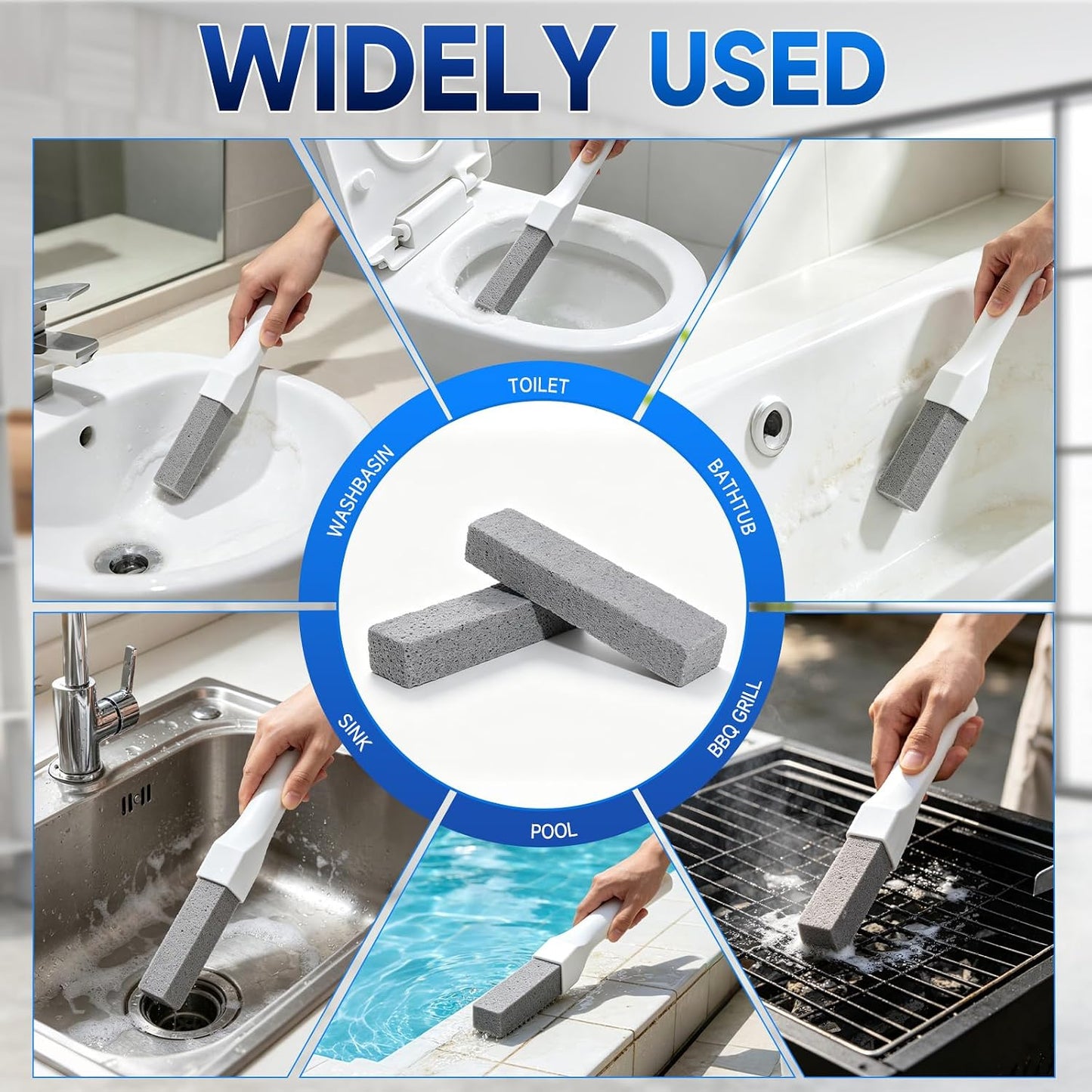 8 Pack Pumice Stone Toilet Bowl Cleaner with 2 Replaceable Long Handles | Remove Limescale, Rust & Hard Water Rings, Scratch‑Free, Natural Material, Multi‑Surface for Tub, Sink, Grill, Pool Tile