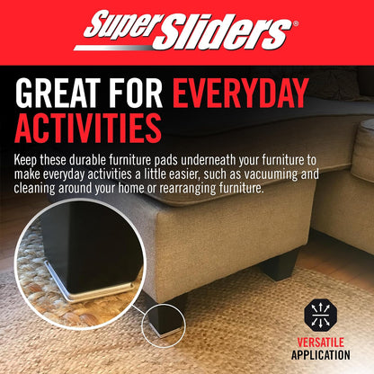 Super Sliders 2-1/2" Self-Stick Square Furniture Sliders for Carpet and Hard Surfaces, Anti-Slip Adhesive Furniture Moving Pads for Beds, Sofas, Dressers, Set of 4, Beige