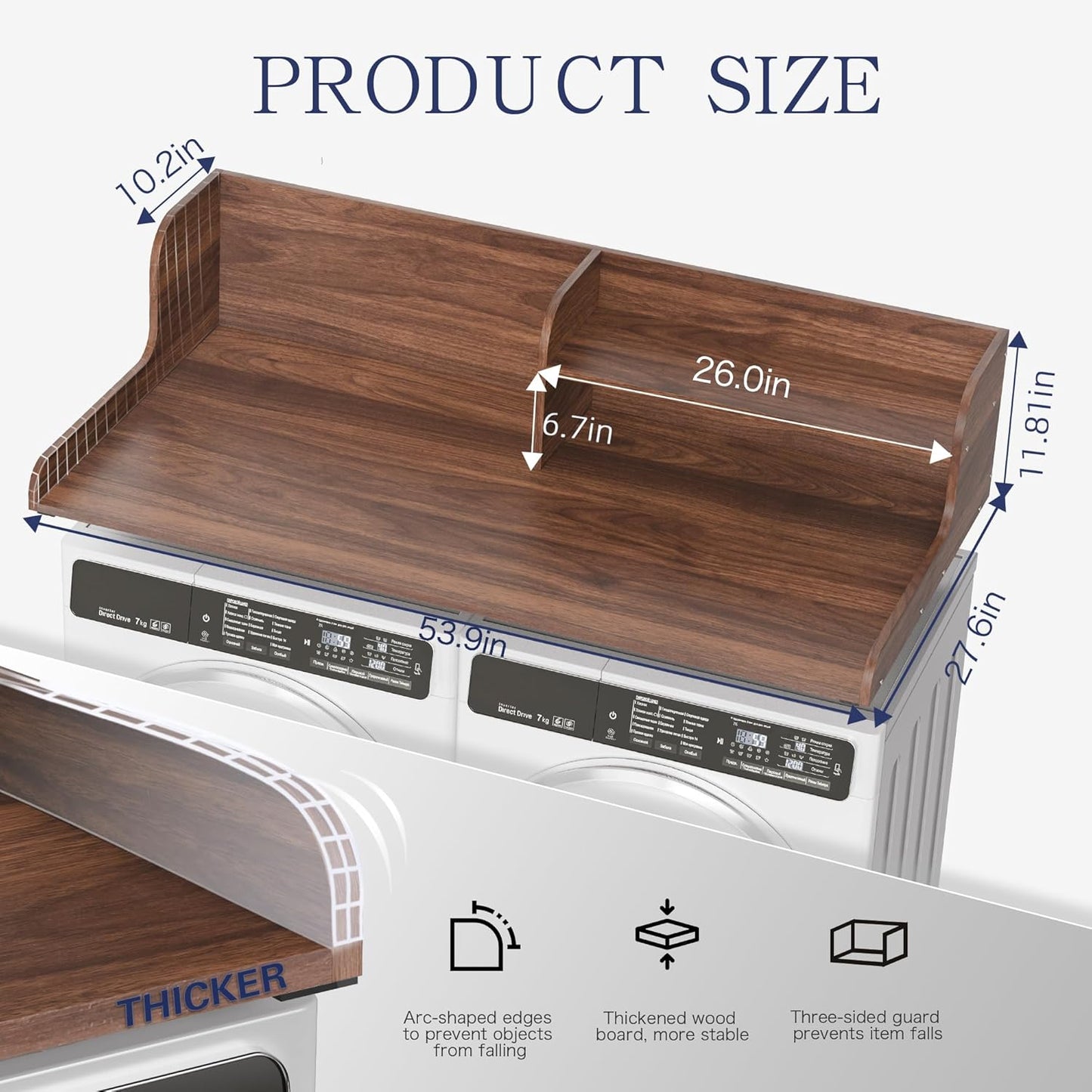 DTK Washer Dryer Wood Countertop with Shelf, Laundry Topper with Non-Slip Mat,27.55" Depth x 54" Width Dryer Covers for The Top with Edge Rails, Black