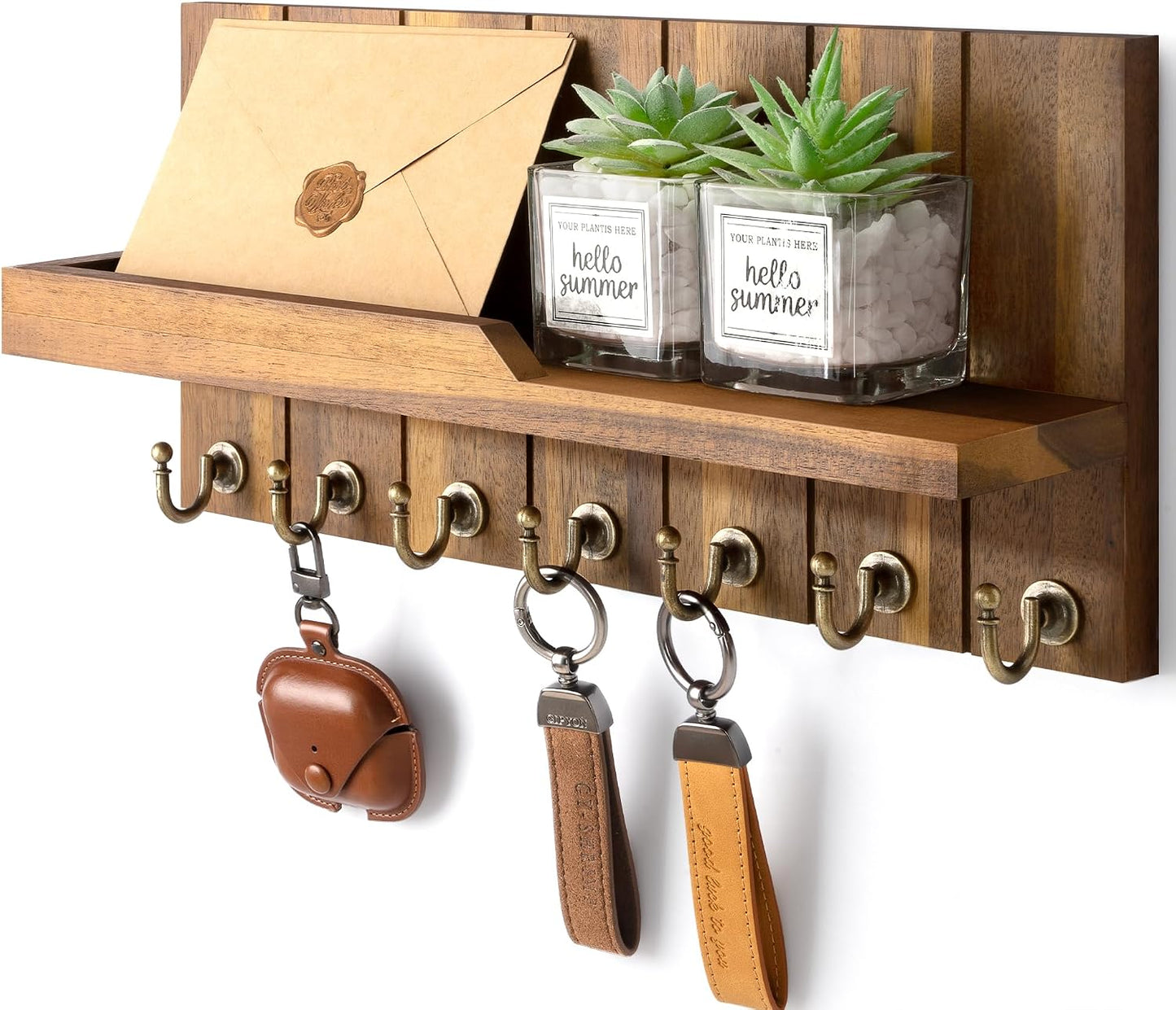 Rebee Vision Key Holder Wall Mount with 5 Key Hooks for Home Decor, Brown | 3.54'' x 10'' x 7.28'', Small Shelf for Display Plant, Key Hangers for Hat, Entryway Space-Saving Storage