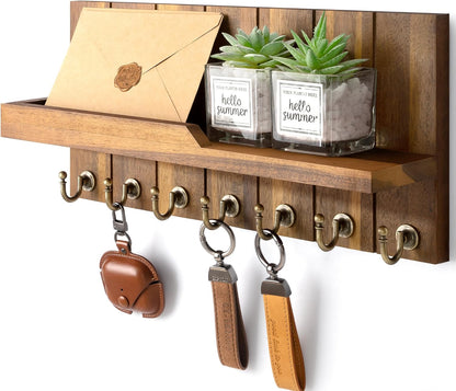 Rebee Vision Key Holder Wall Mount with 5 Key Hooks for Home Decor, Brown | 3.54'' x 10'' x 7.28'', Small Shelf for Display Plant, Key Hangers for Hat, Entryway Space-Saving Storage