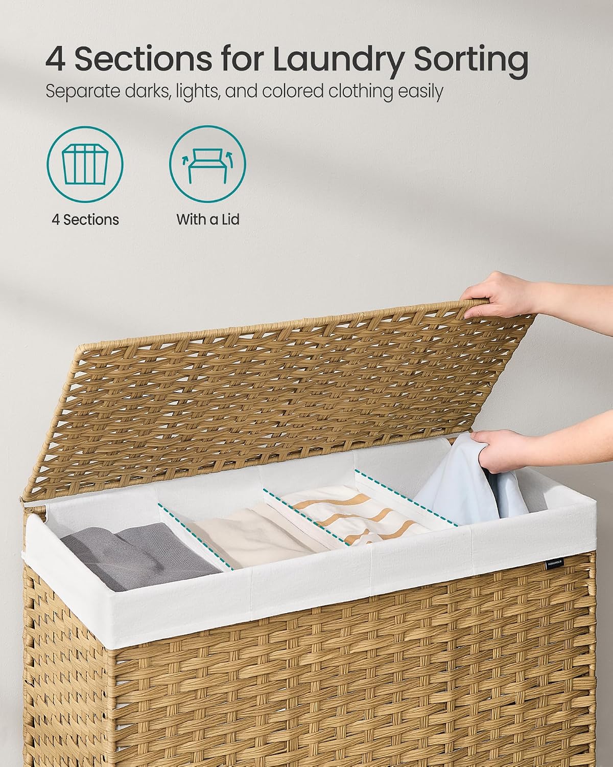 SONGMICS Laundry Hamper with Lid, 42.3 Gallons (160 L), Rolling Laundry Basket with Wheels, 3-Section Synthetic Rattan, Removable Liner, Bedroom, 29.9 x 13 x 26 Inches, Natural ULCB365N01
