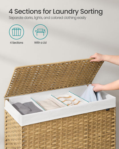 SONGMICS Laundry Hamper with Lid, 42.3 Gallons (160 L), Rolling Laundry Basket with Wheels, 3-Section Synthetic Rattan, Removable Liner, Bedroom, 29.9 x 13 x 26 Inches, Natural ULCB365N01