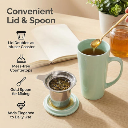15 Ounce Porcelain Tea Mug with Infuser, Lid and Spoon, Loose Leaf Tea Cup (Mint Green)