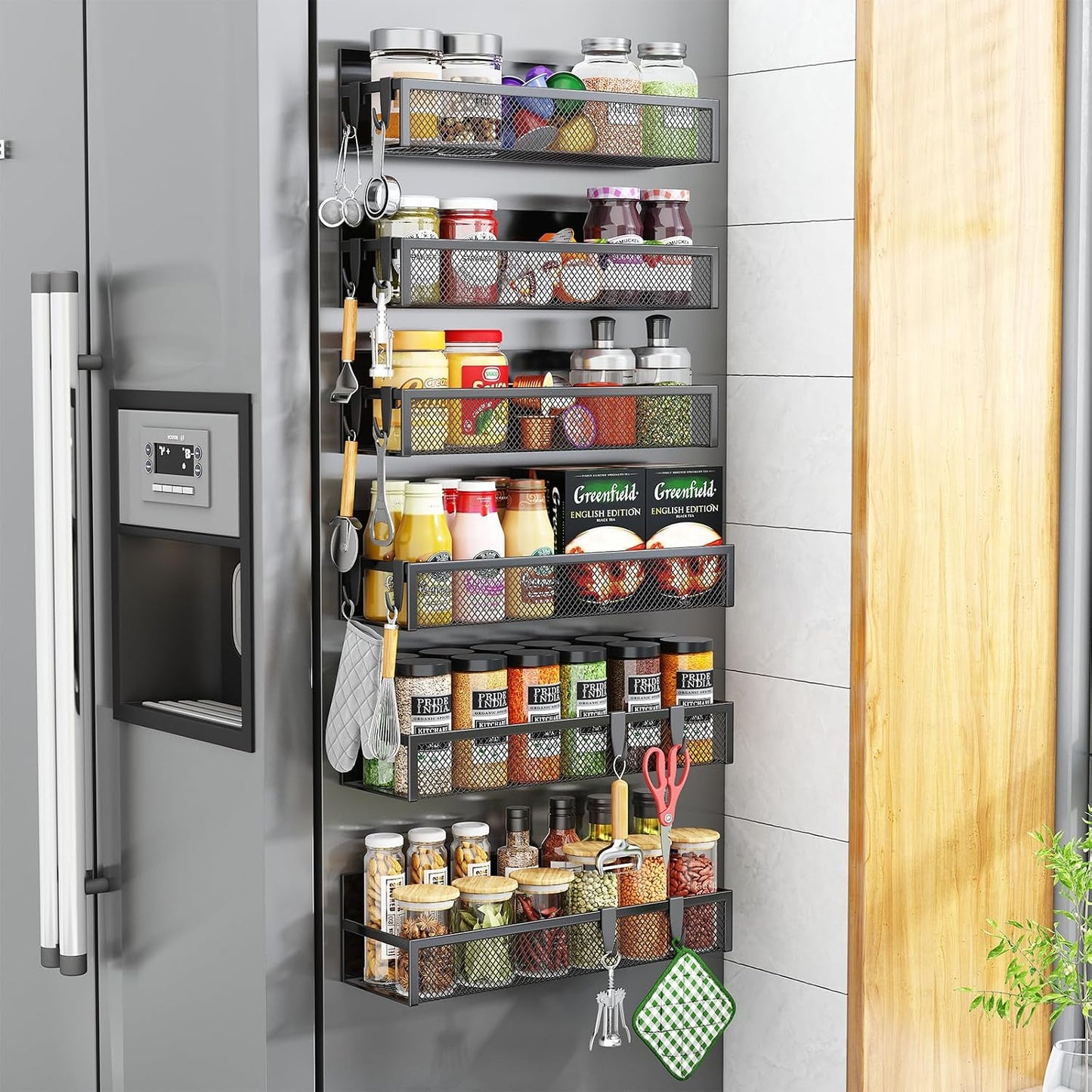 Aufworld Magnetic Spice Rack for Refrigerator, 3 Pack Magnetic Shelf, Moveable Fridge Organizer with 8-Hook Rack, Seasoning Organizer for Kitchen