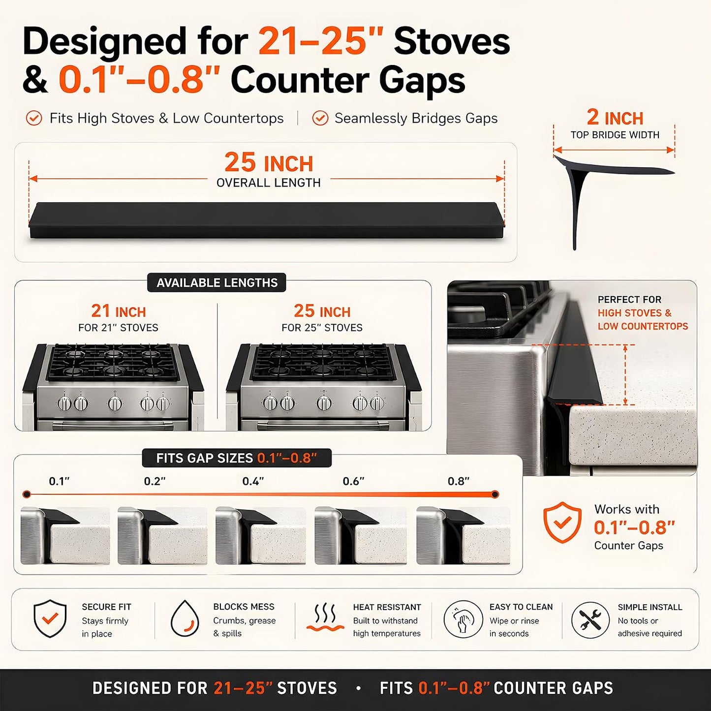 Silicone Stove Counter Gap Cover - 25 Inch Gap Filler 2 Pack Black | Long gap filler seals spills between kitchen appliances Stovetop oven countertop; stove gap cover, gas stove side gap covers