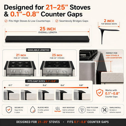 Silicone Stove Counter Gap Cover - 25 Inch Gap Filler 2 Pack Black | Long gap filler seals spills between kitchen appliances Stovetop oven countertop; stove gap cover, gas stove side gap covers