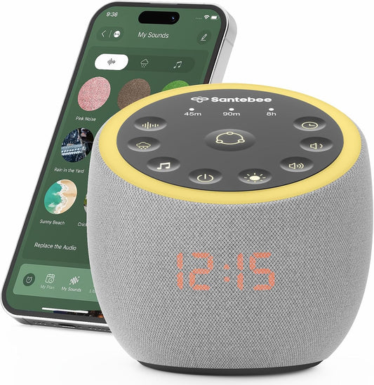 White Noise Sound Machine for Sleep Smart with 388 Sounds&3 Custom Buttons | Santebee Sleep Machine APP Control Night Light, Soothing Noise Canceling Dimmable Clock for Adults Baby Kids Lullaby Office