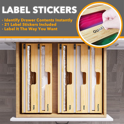 SpaceAid WrapNeat 2 in 1 Wrap Organizer with Cutter and Labels, Plastic Wrap, Aluminum Foil and Wax Bamboo Dispenser for Kitchen Storage Organization Holder for 12" Roll (Natural, 2-Slot)