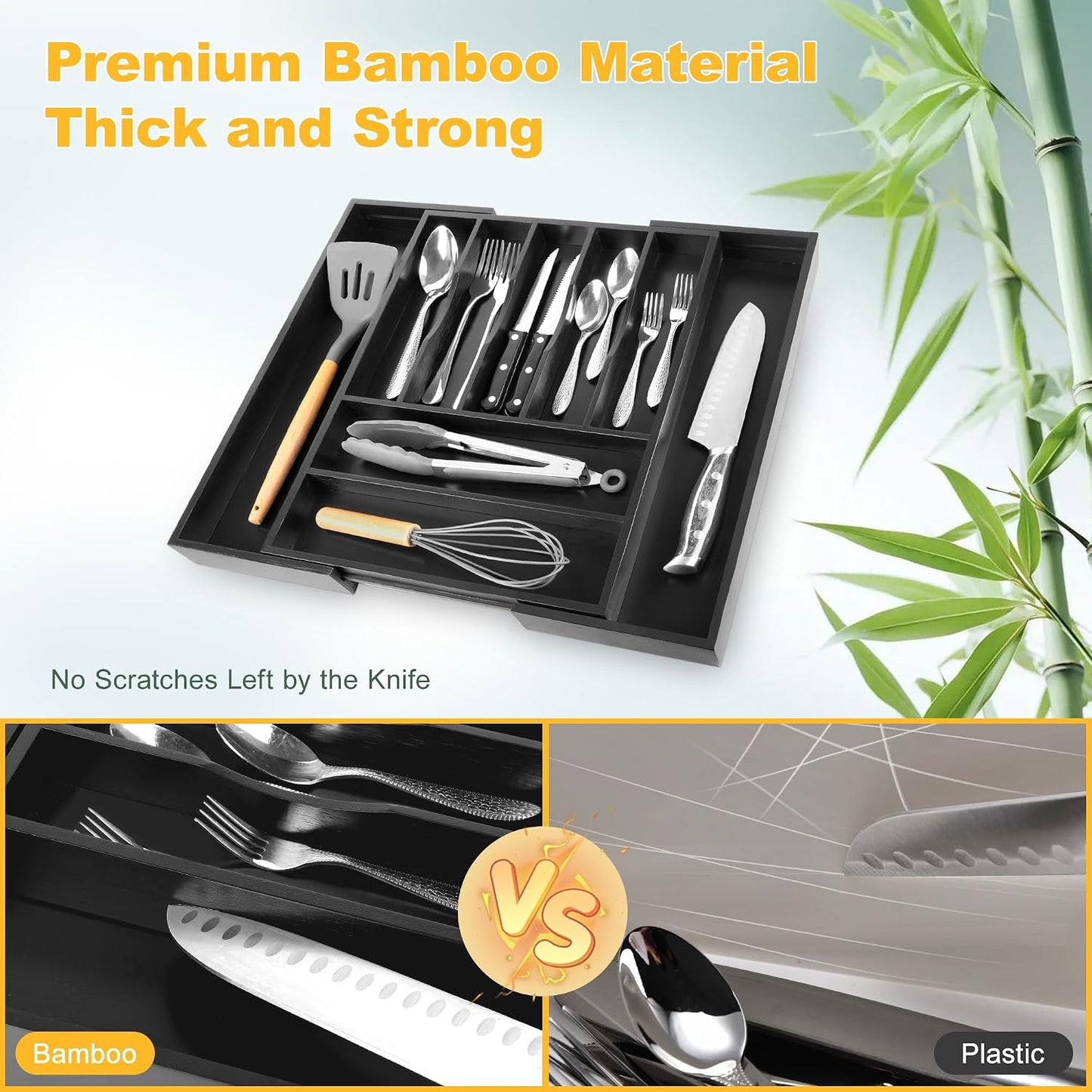 Expandable Bamboo Kitchen Drawer Organizer for Cutlery and Utensils, Adjustable Bamboo Wood Cutlery Tray in Drawer for Flatware and Silverware in Kitchen, (Natural)