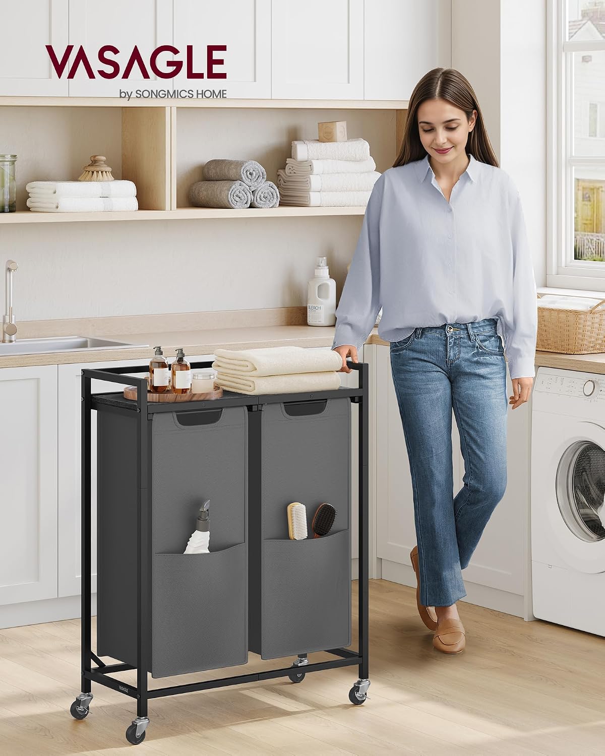 VASAGLE Laundry Sorter, 29 Gal. (110 L) Laundry Hamper Basket with 2 Compartments, Rolling Cart with Wheels, Shelf, Removable Bags, Pockets, Ink Black and Rustic Brown UBLH021B01