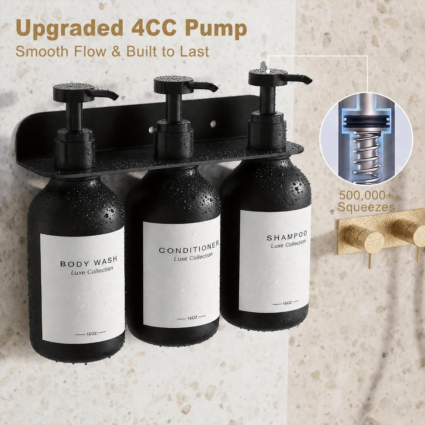 Refillable Shampoo and Conditioner Shower Dispenser Set of 3 - Wall Mounted | 3 Chamber Dispensers for Bathroom. No Drill Pump with Bottles for Soap and Body Wash. Matte Black Bottle with Labels (16oz)
