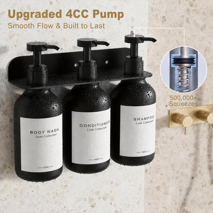 Refillable Shampoo and Conditioner Shower Dispenser Set of 3 - Wall Mounted | 3 Chamber Dispensers for Bathroom. No Drill Pump with Bottles for Soap and Body Wash. Matte Black Bottle with Labels (16oz)