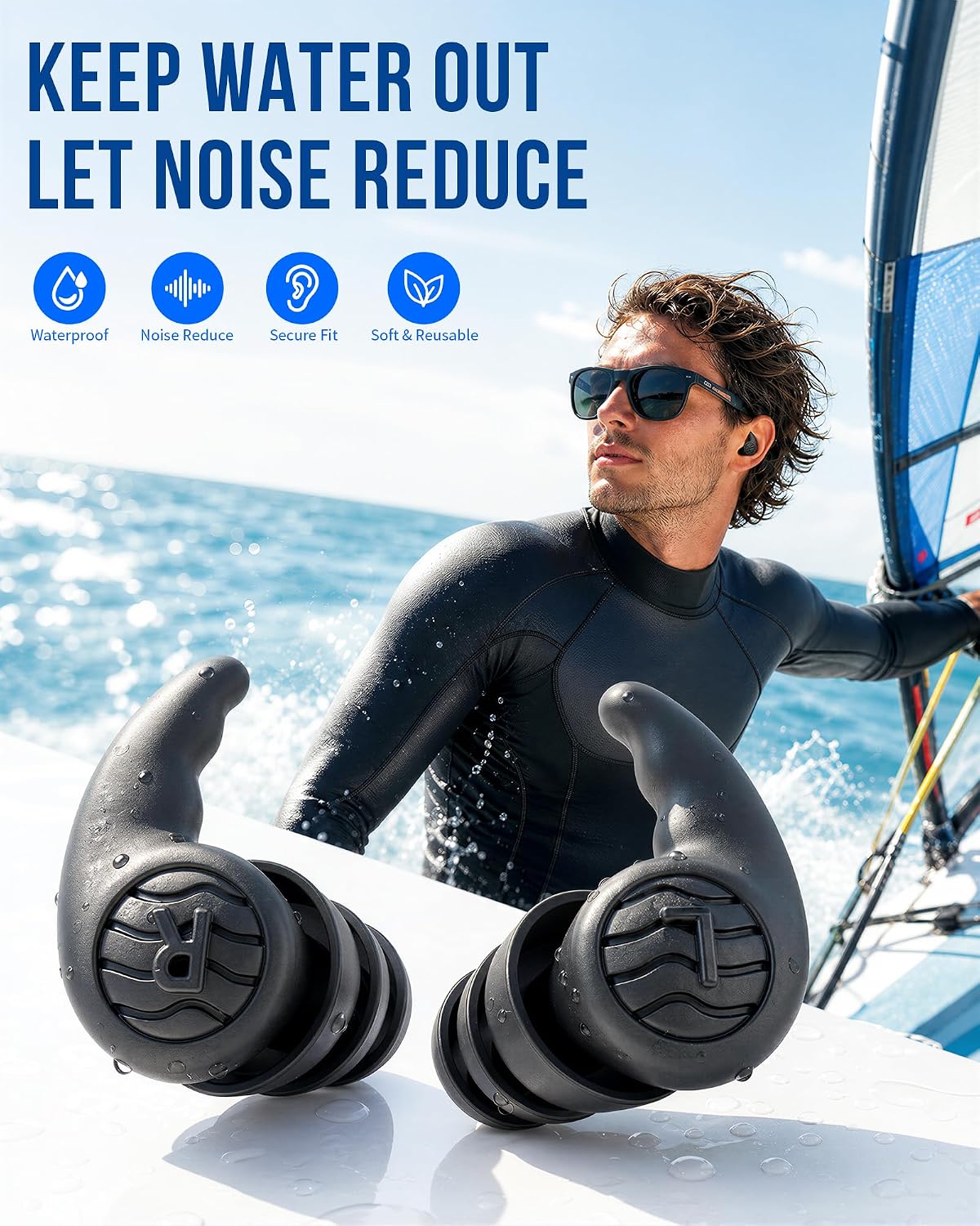 Swimming Ear Plugs, Swim Earplugs 3 Pairs for Swimmer Surfing Water Sports | Waterproof Protection, Soft Silicone Comfort, Wave-Shaped Fin, Noise-Reducing Design for Teens & Adults