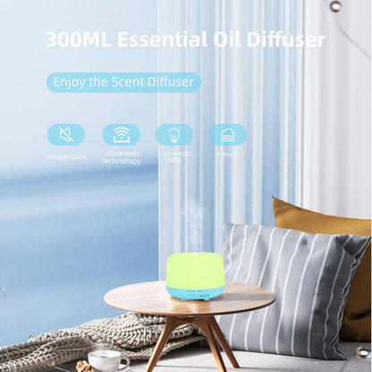 300ML Remote Control Air Diffusers for Essential Oil, Aroma Ultrasonic Scent Diffuser, Aromatherapy Humidfier Diffuser, 7 Color Changing LED Light, Auto-Off, Timer for Home, Room, Office, Kids