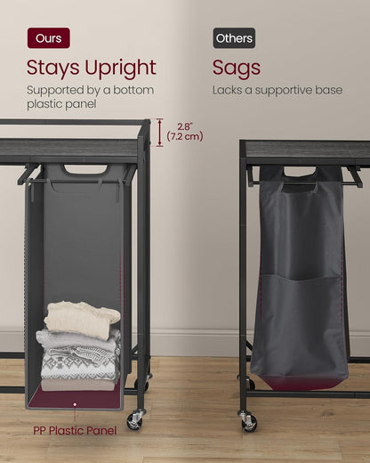 VASAGLE Laundry Sorter, 29 Gal. (110 L) Laundry Hamper Basket with 2 Compartments, Rolling Cart with Wheels, Shelf, Removable Bags, Pockets, Ink Black and Rustic Brown UBLH021B01