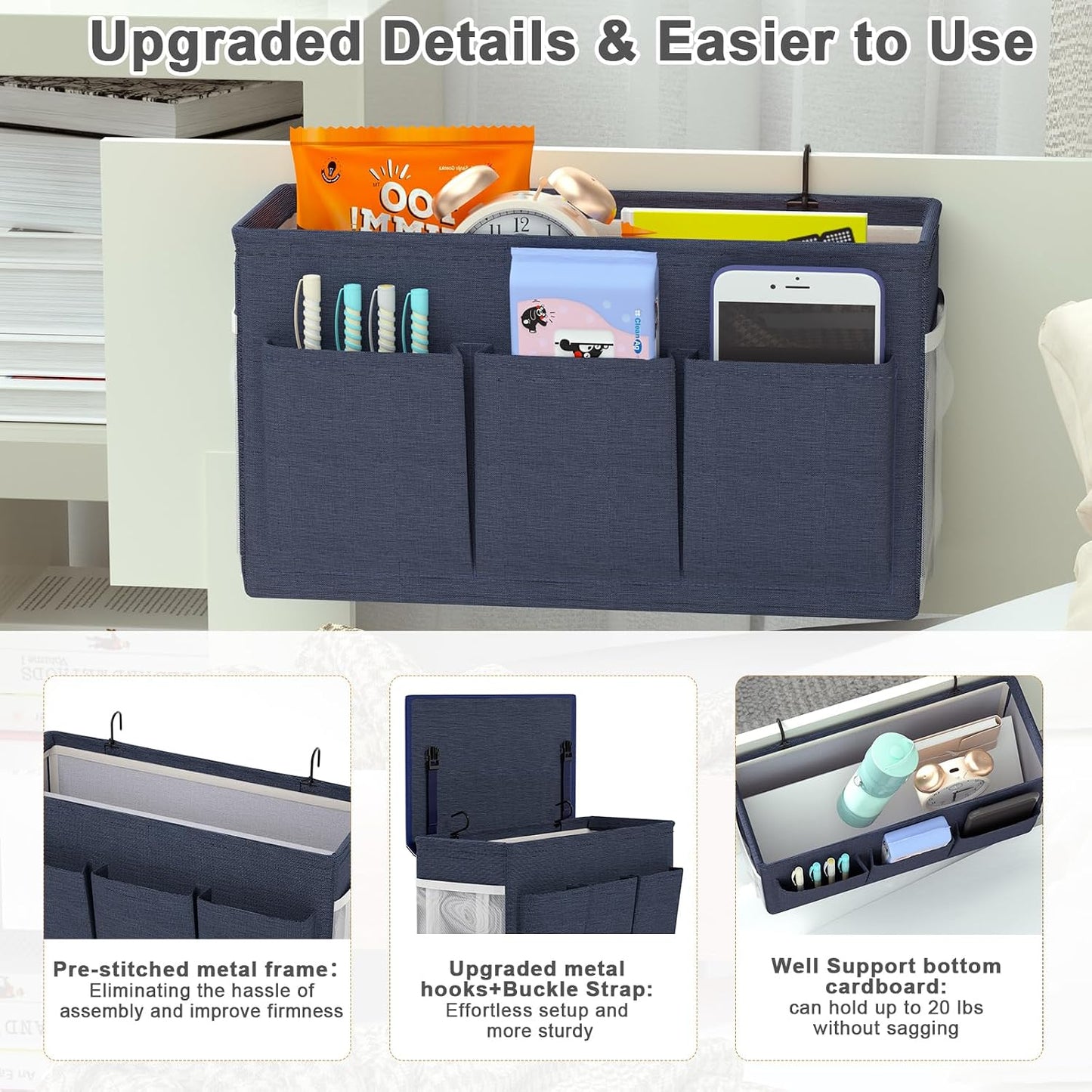 Bedside Caddy Bedside Storage Hanging Organizer for Bunk Dorm Bed Rail | Bed Caddy with Hooks, Top Bunks and Dorm Essentials for Water, Tissues, Tablets, Books, Phones, Remotes and Other Necessories