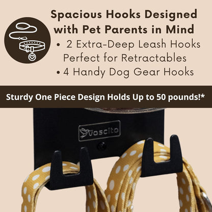 Dog Leash Holder for Wall with Shelf — Wall Mounted Dog Treat Holder & Station, 2 Airtight 32oz Treat Containers, 9 Hooks, Patented Lidless Slide-to-Seal Jars, Solid Steel, Made in USA