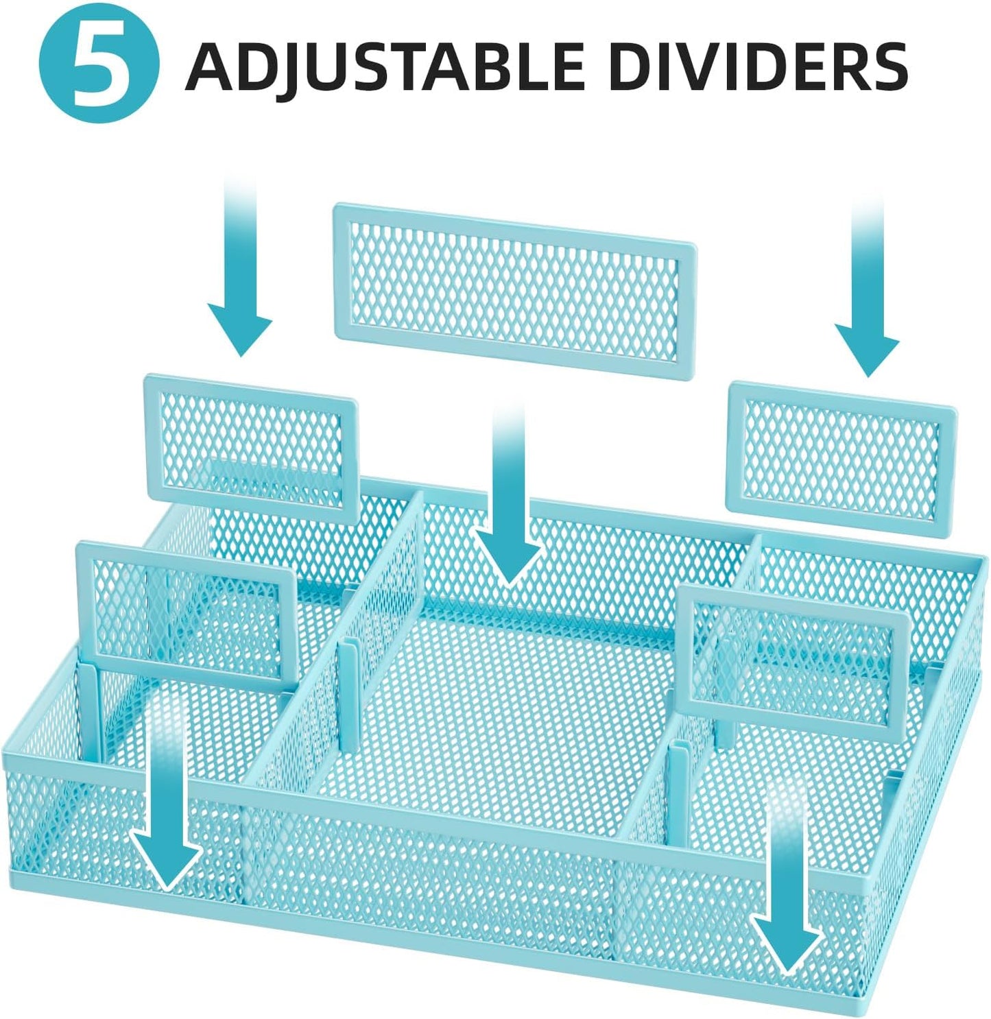 Marbrasse 2 Pack Desk Drawer Organizer, Mesh Drawer Organizer Tray with 8 Adjustable Compartments, Desk Organizers and Accessories, 5 Dividers Drawer for Office Supplies, Makeup & Vanity (Black)
