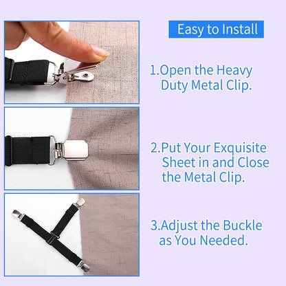 MENDENG Sheet Straps Fitted Sheet Clips Holder Surspeners Keep Sheets in Place Bed Sheet Fasteners Gripper Black 4P