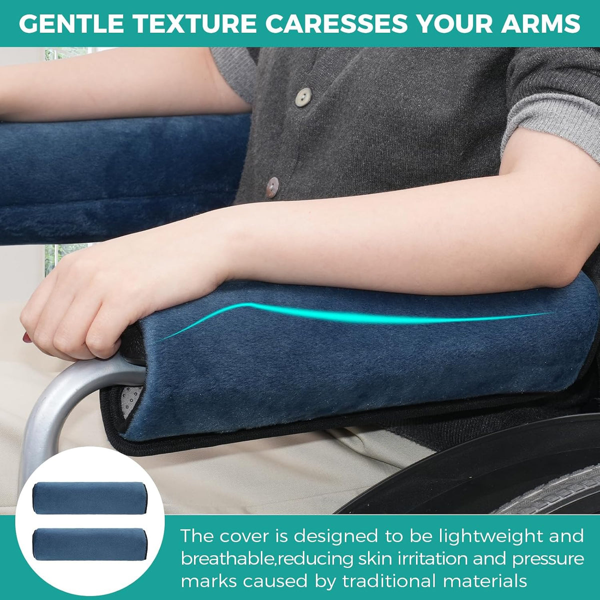 lefeke 2 Pack Wheelchair armrest Pads - Soft Velvet Foam armrest Covers for wheelchairs, Office Chairs and armchairs, etc., Effectively relieves arm Pressure and Prevents Soreness (Blue)