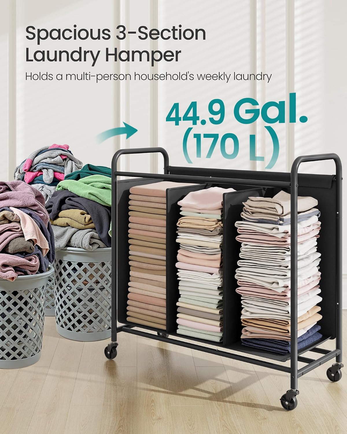 SONGMICS 2-Section Laundry Sorter, Laundry Hamper with Wheels, Rolling Clothes Hamper Cart with Large Capacity and Removable Bags, for Laundry Room, Bedroom, Bathroom, Ink Black URLS210B01 | Rolling Clothes Hamper Cart, Large Capacity, for Laundry Room,