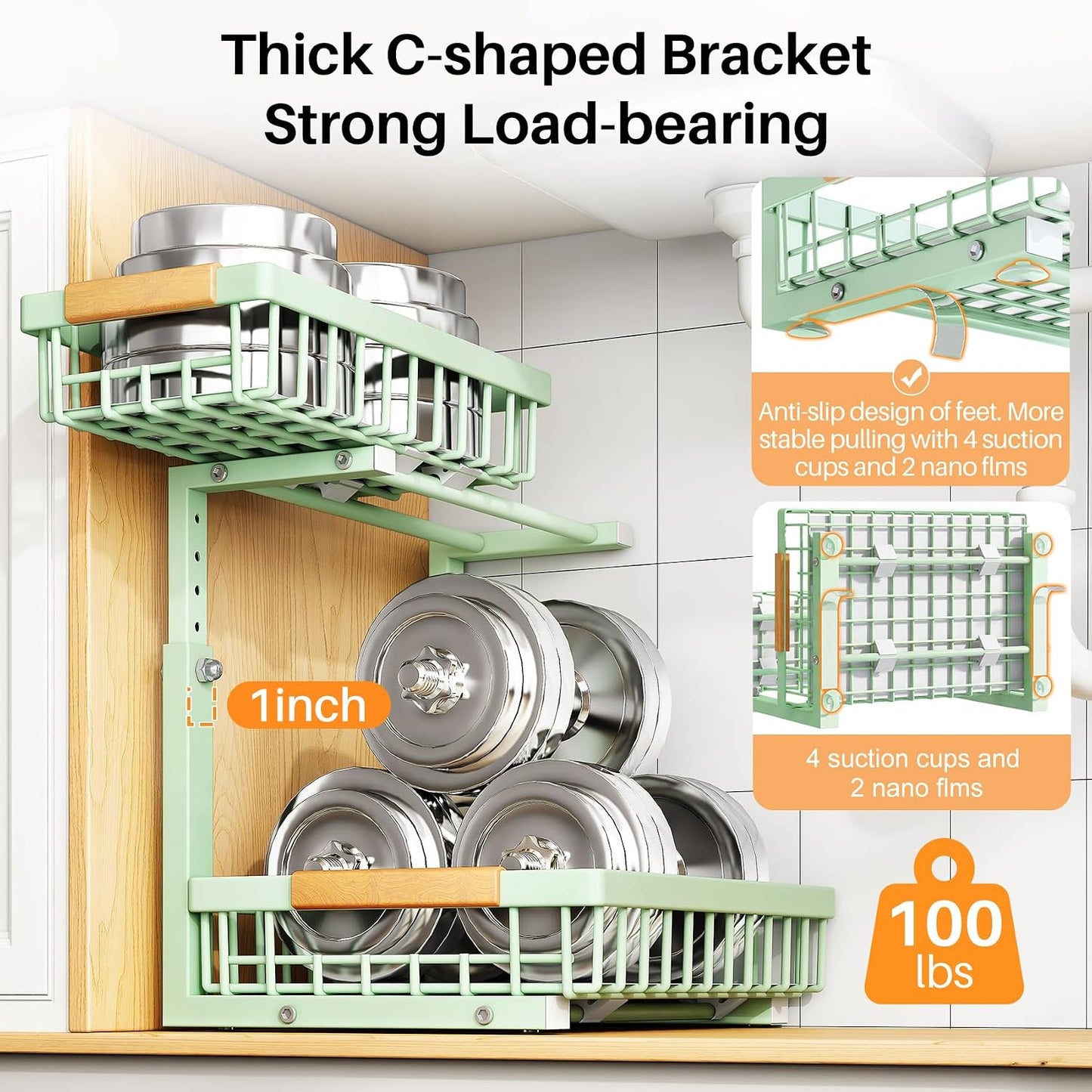PXRACK Under Sink Organizer, Adjustable Height, 2 Tier Pull Out Under Cabinet Organizer, Slide Out Thickened Metal Under Sink Storage for Kitchen Bathroom Laundry Pantry Cabinet, White, Large-2-Pack