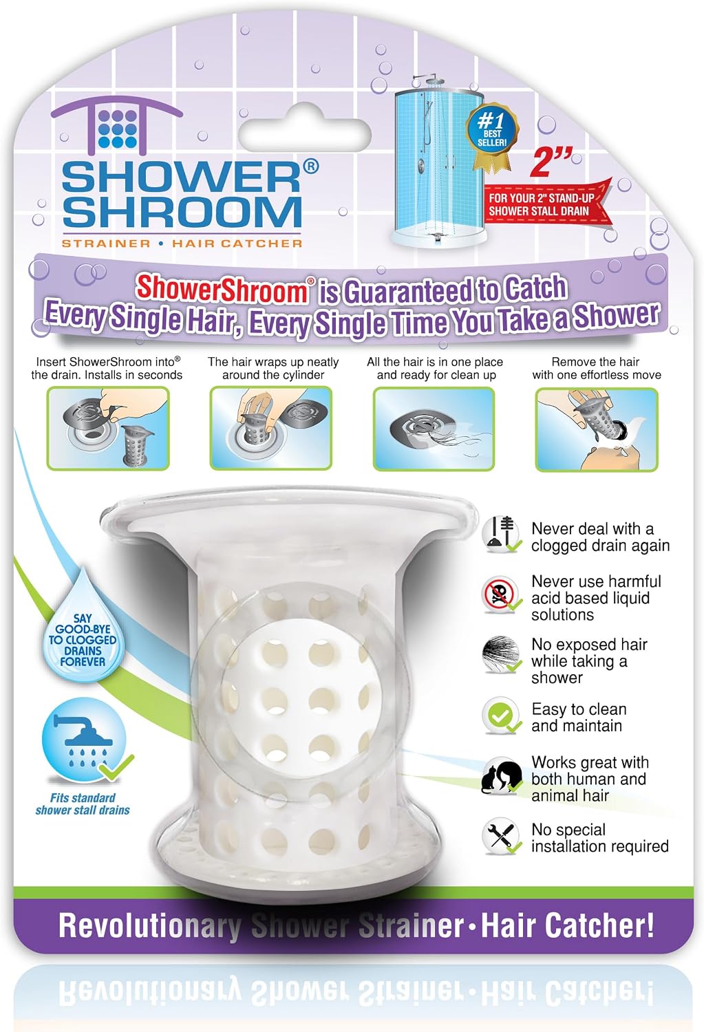 ShowerShroom the Revolutionary 2" Stand-Up Shower Stall Drain Protector Hair Catcher/Strainer, Blue