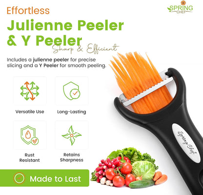 Spring Chef Swivel Potato Peeler & Julienne Vegetable Peeler w/Soft Handle | Premium Multifunctional Peelers for Kitchen with Sharp Stainless Steel Blades & Blade Covers, Dishwasher Safe Veggie Peelers