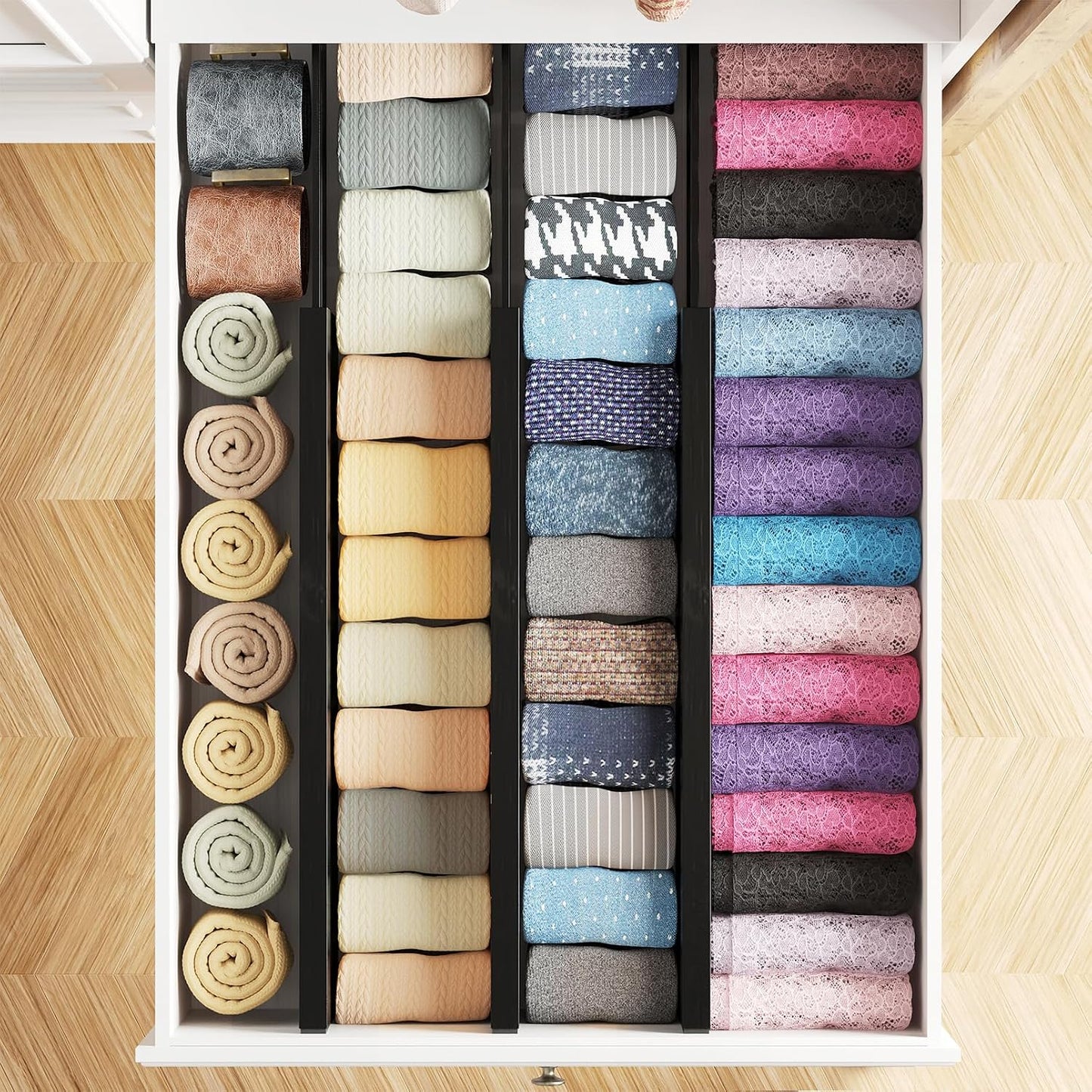 SpaceAid Bamboo Dresser Drawer Dividers 6 Pack, 4.65“ High Adjustable 12.5“-17” Drawer Organizers, Expandable Organization for Clothing, Clothes, Dressers, Natural