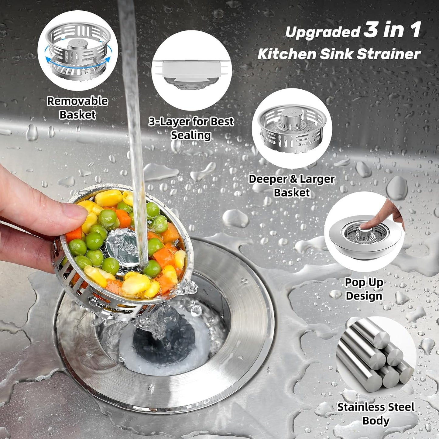 Hibbent 3 in 1 Kitchen Sink Drain Strainer, Metal Pop Up Stopper | Larger Anti-Clogging Basket, 3-Layer Seal, Detachable Sink Drain Plug for US Standard 3-1/2" Drain, Brushed Stainless Steel