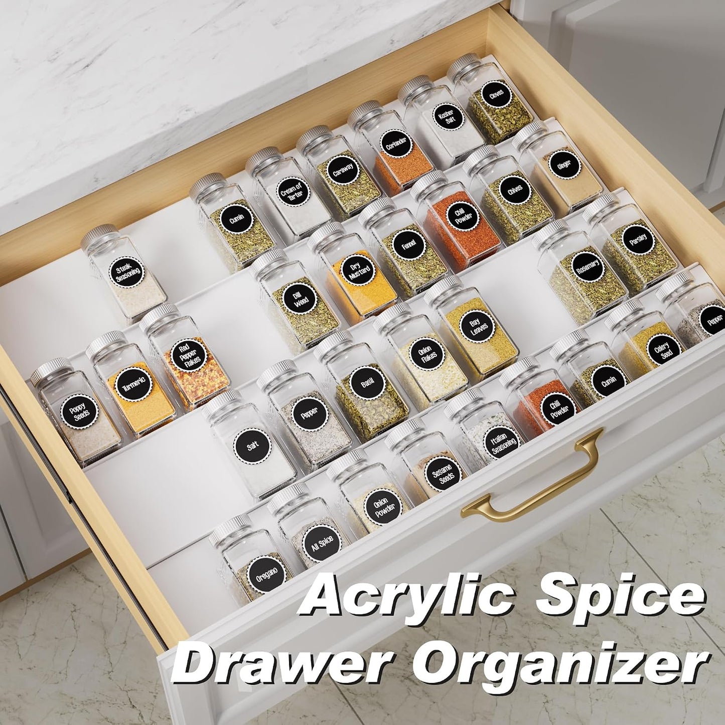 MIUKAA Clear Acrylic Spice Drawer Organizer, 4 Tier Seasoning Jars Drawers Insert, Kitchen Spice Rack Tray for Drawer/Countertop (Jars not included)