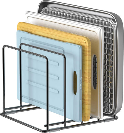Kitchen Organizer Rack - 4-Slot Heavy-Duty Holder for Cutting Boards,Cookware – Rust-Resistant, Space-Saving Design with Non-Slip Feet for Countertop and Cabinet Storage (1 Pack)