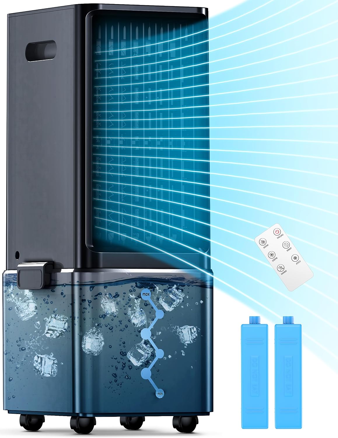 Portable Air Conditioners 4 Modes&3 Speeds,4 Ice Packs, Waterless Alert System, 12H Timer, Remote,1 Gal Detachable Water Tank, 70°Oscillation Windowless Evaporative Air Cooler for Room Office